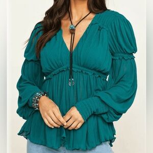 Free People Teal Blouse with Long Sleeves